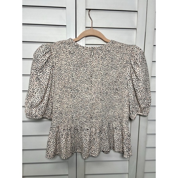 Express Polka Dot Puff Sleeve Linen Blend Smocked Peplum Top Women's Size Medium - Picture 8 of 8